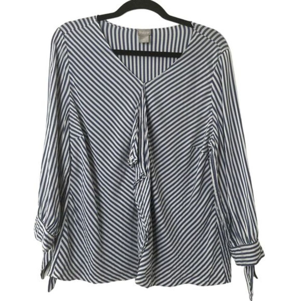 Chico's Petite Size 12 Blue Striped V-Neck Long Sleeve Blouse Rayon Women's